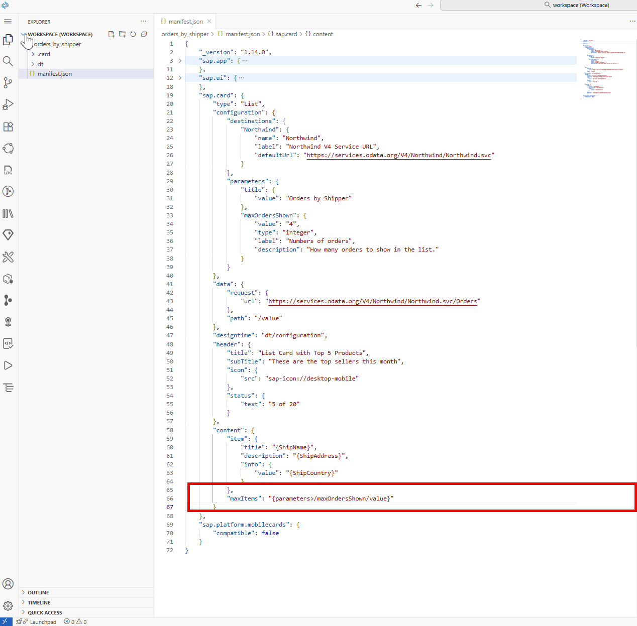 Image depicting manifest.json file โ use maxOrdersShown parameter
